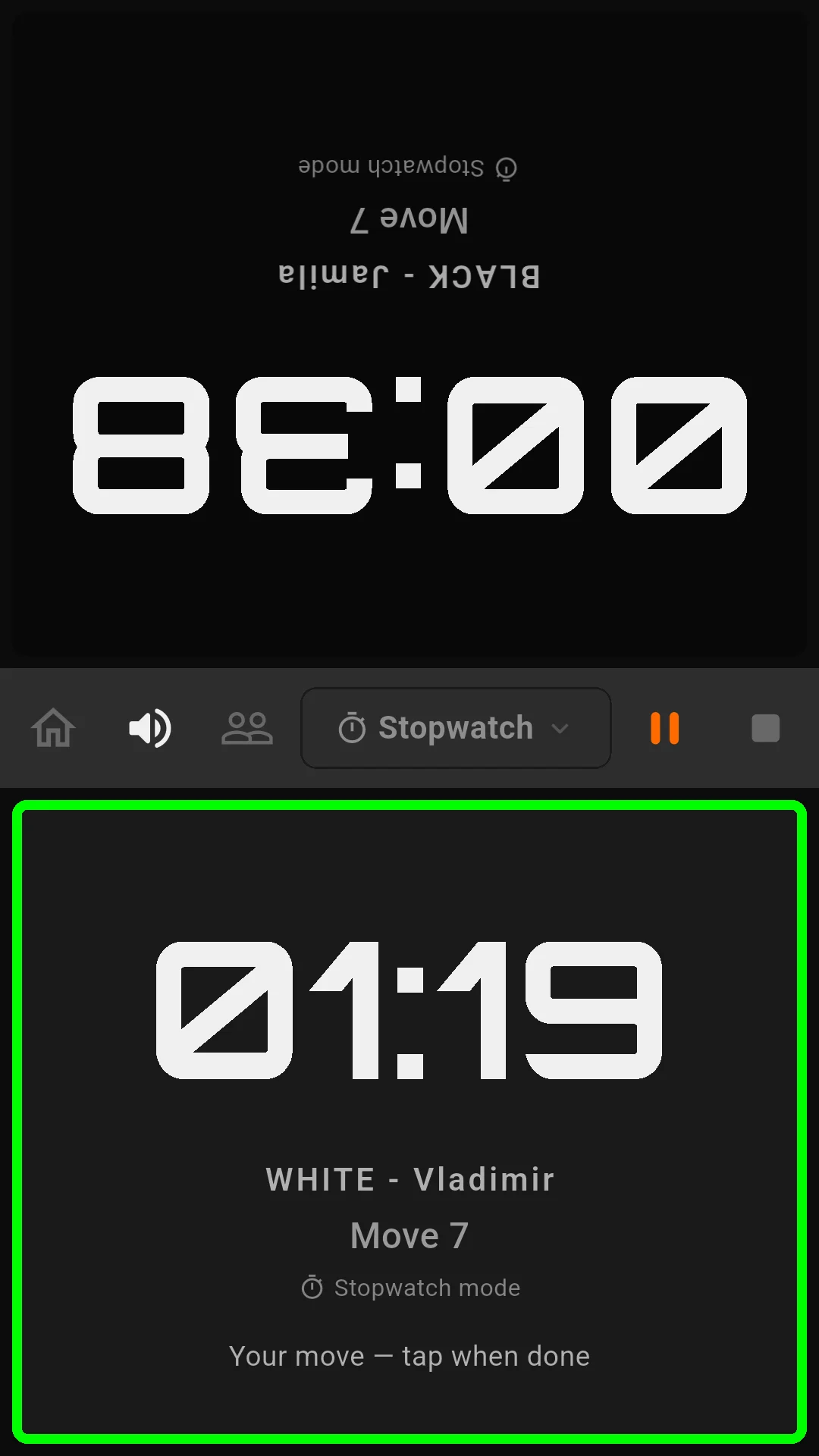 Chess clock stopwatch mode for casual games